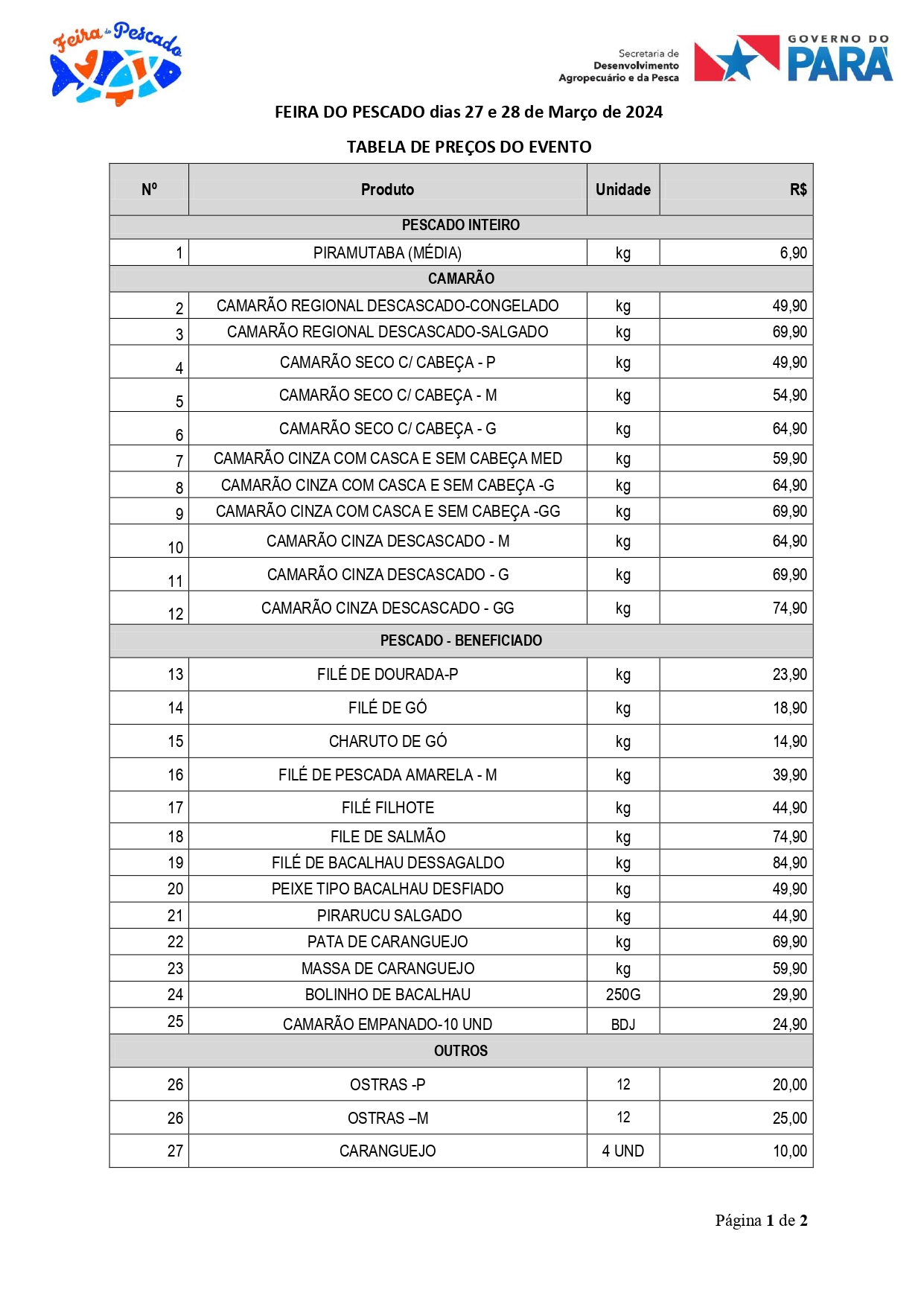 Tabela de preços